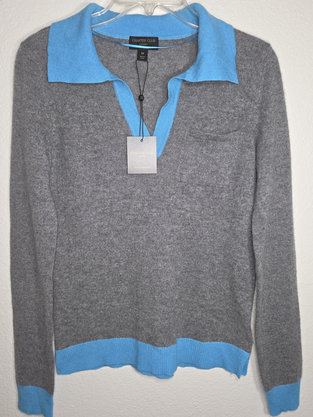 Charter Club Cashmere Gray and Blue V-Neck Sweater